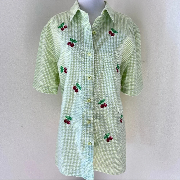 Quaker Factory Blouse Lime Green White Cherry Embroidered Gingham 90s Large - Picture 3 of 8
